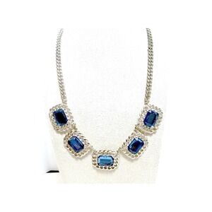 Blue Glass Statement Bib Necklace Heavy Silver Tone Curb Chain 18–21 Inch